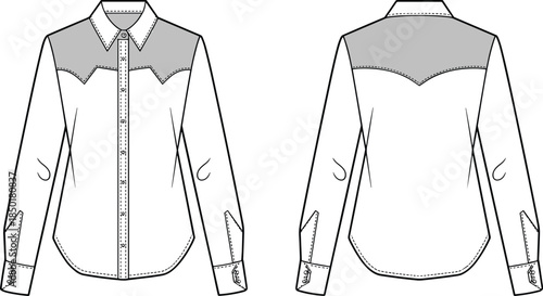 Front and back flat sketch of a long-sleeved western style shirt with yokes outline drawing