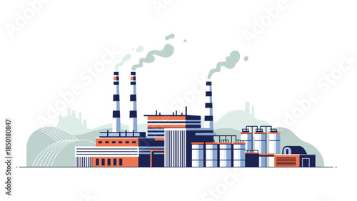 Industrial complex with smokestacks emits pollution into the atmosphere, representing manufacturing and environmental concerns.