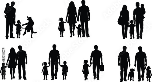 Family and pet silhouette set, black vector icons, walking and caregiving poses, diverse relationship graphics, minimal social design pack