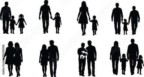 Family silhouette icon set, black vector people, adult and child groupings, walking and caregiving poses, minimal social design pack