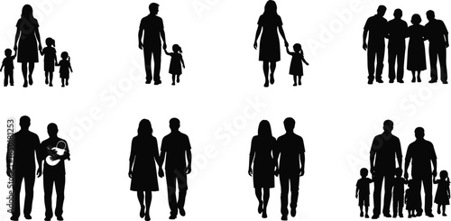 Inclusive family silhouette icon set, black vector people, diverse adult and child groupings, walking poses, minimal social design pack