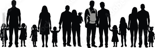 Family group silhouette icon set, black vector people, adult and child poses, caregiving and unity theme, minimal design pack