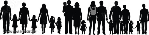 Family silhouette icon set, black vector people, adult and child groupings, baby carrier pose, minimal caregiving design pack