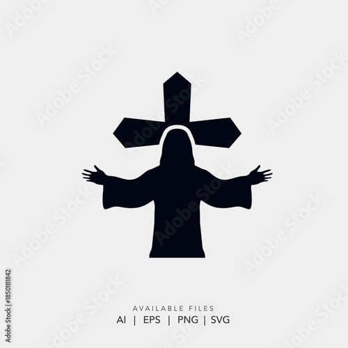 Jesus Christ silhouette logo with cross symbol, Christian faith vector icon with open arms