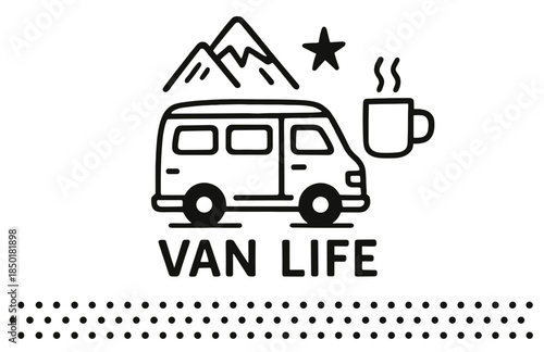 Minimalist van life with mountains, star, and coffee cup