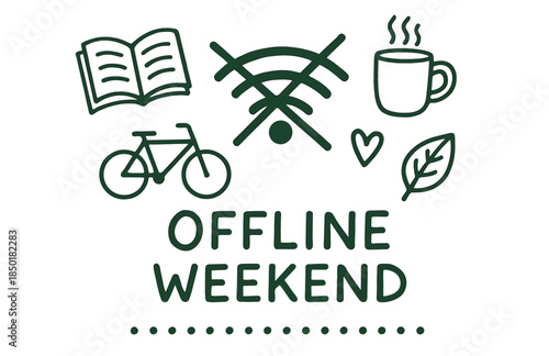 Offline weekend icons: book, bicycle, coffee, nature, disconnect symbol