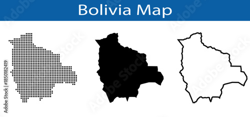 Set of three Bolivia map designs with dotted fill pixelated, solid fill and outline line art styles