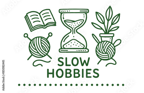 Slow hobbies: knitting yarn, hourglass, book, and plant