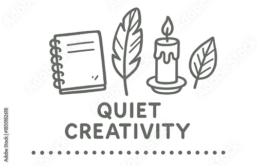 Quiet creativity: notebook, feathers, candle, and leaves