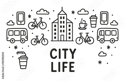 Urban city life icons with transportation and coffee elements in a simple black and white design
