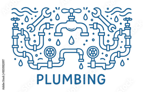 Blueprint-themed plumbing design with wrenches and pipes