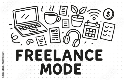 Freelance mode concept with laptop, coffee, and work icons in black and white