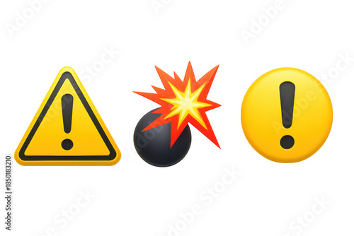 Warning and alert symbols showing danger, risk, caution, and an exploding bomb emoji with transparent background