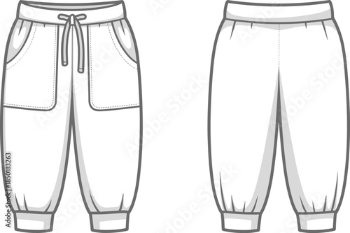Front and Back View of White Jogger Pants with Drawstring and Pockets Keywords: jogger pants, trousers, pants, white, drawstring
