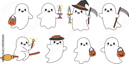 Halloween ghost clipart, spooky characters, pumpkin bucket, candle holder, scythe, witch costume, broomstick, festive spirits, cartoon illustration