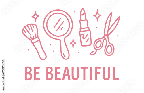 Beauty essentials: mirror, lipstick, brush, scissors - simple pink graphic design