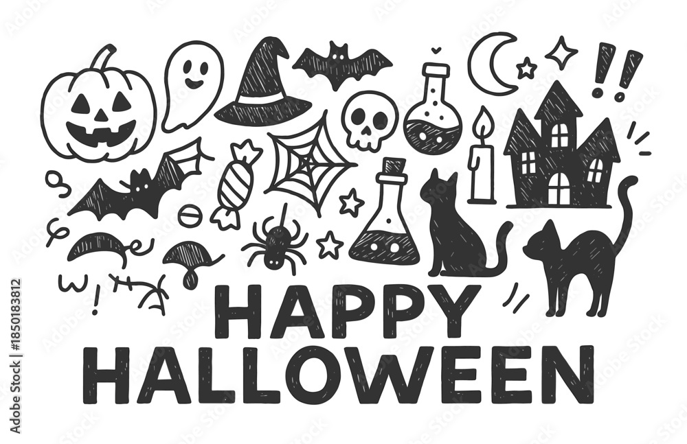 Obraz premium Halloween icons: pumpkins, ghosts, cats, spiders, and haunted houses