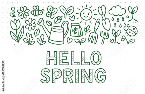 Hello spring doodle with gardening tools, flowers, and insects