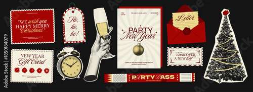 Elegant New Year Eve collage elements in retro halftone style. Includes party invitations, gift cards, clock, champagne, tree, ticket, and vintage text tags on black background.