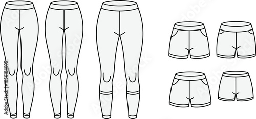 Outline drawings of leggings and shorts for clothing design Keywords: leggings, shorts, pants, trousers, athletic wear