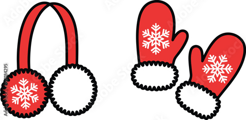 Red earmuffs with snowflakes and red mittens with snowflakes on white background headphones winter