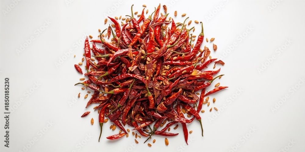 Naklejka premium Dried chili flakes and seeds in food processing, spice distribution background