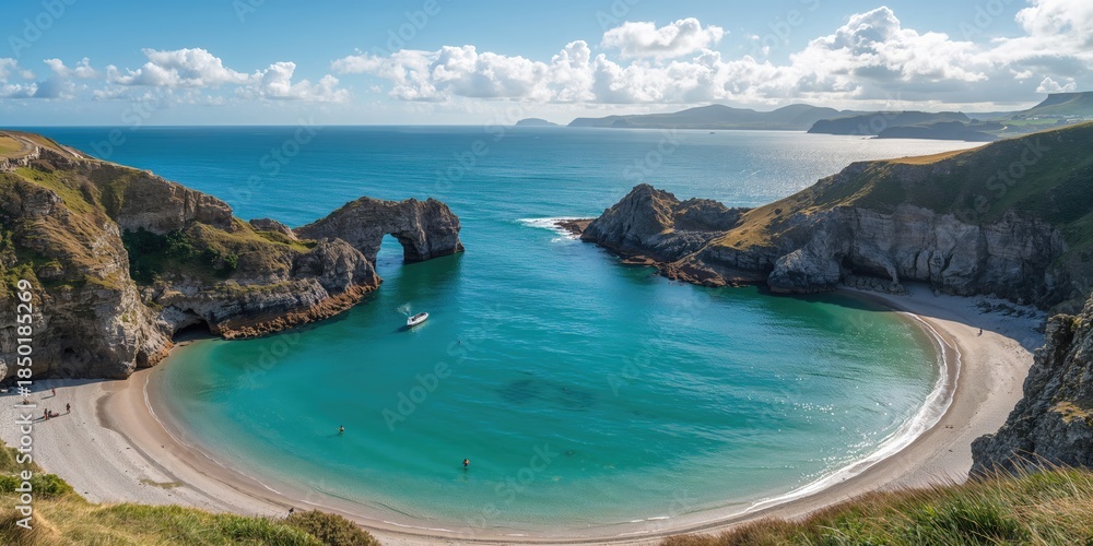Naklejka premium Blue lagoon at Abereiddy in Pembrokeshire, Wales, serving as a scenic natural swimming spot, Earth Day