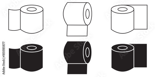 Modern Toilet Paper Roll Icon Collection - Professional Line Art and Black Glyph Sign