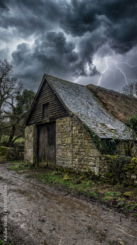 Fototapeta premium Dramatic Stormy Landscape with Rustic Cottage Under Dark Clouds