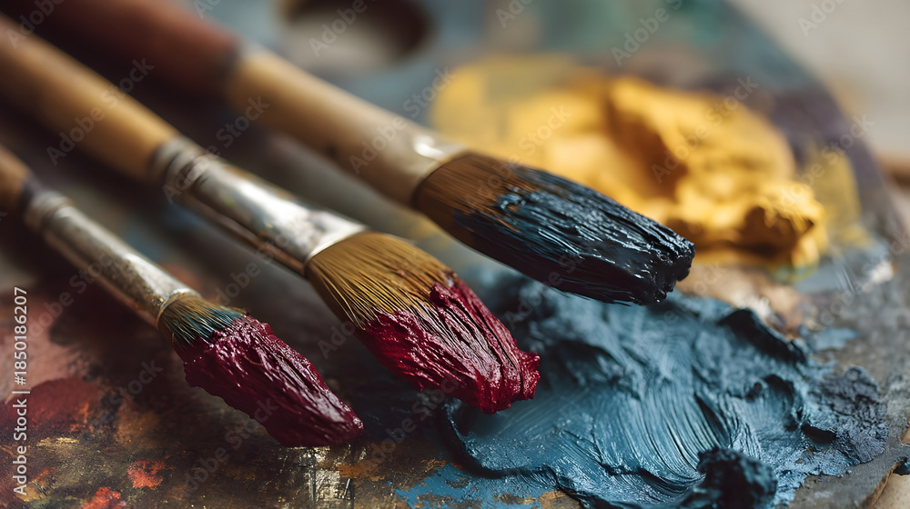 Obraz premium Paintbrushes holding oil paint on an artist palette