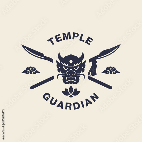 Temple guardian oni mask emblem with crossed weapons, clouds and lotus ornament. Minimal monochrome vector logo for tattoo, streetwear and brand identity.