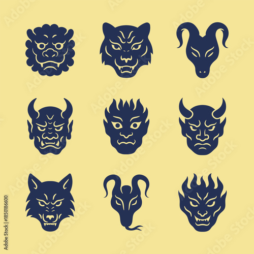 Navy silhouette set of 9 Japanese masks and animal heads on a warm yellow background. Oni, hannya, kabuki face, tiger, wolf, snake, ram and guardian lion icons for branding and merch.