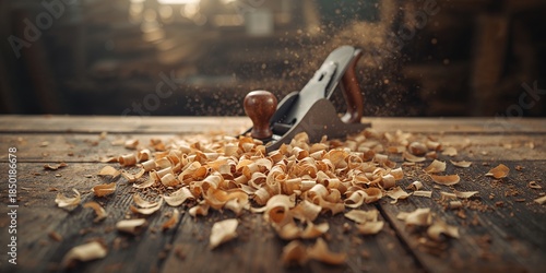 Hand jack plane producing wood shavings, illustrating traditional woodworking techniques