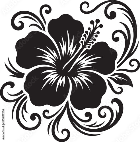 Black hibiscus flower silhouette with ornamental swirling leaves vector, Black floral hibiscus illustration with stylized leaf curls
