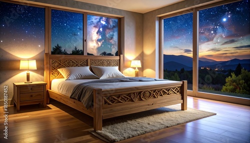 FSC-certified oak bed frame with enchanted rune carvings softly illuminated from within, positioned near large window with starry night view, diffused mystic light blending eco elegance.