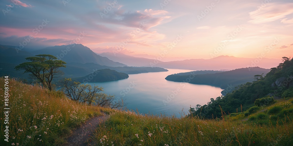 Obraz premium Mountain lake at Taiwan's highest elevation, pristine water with rugged terrain, environmental preservation day