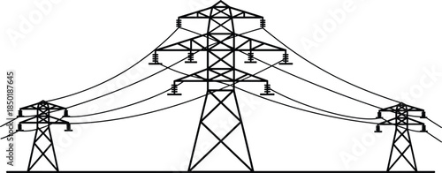 Electric transmission towers silhouette showing high voltage power lines energy distribution infrastructure isolated on white background