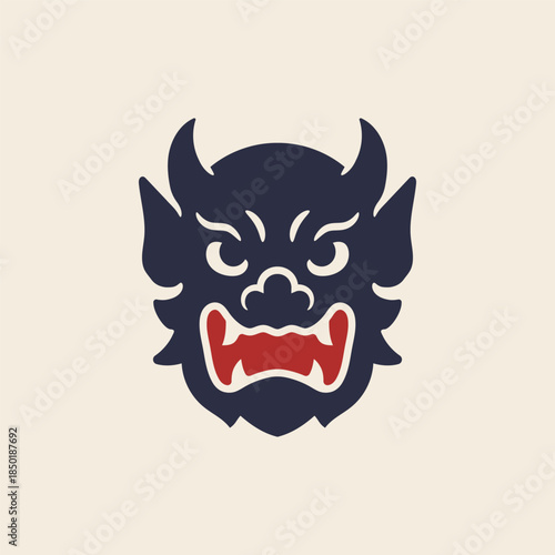 Japanese guardian demon mask icon with bold expression in vector style.