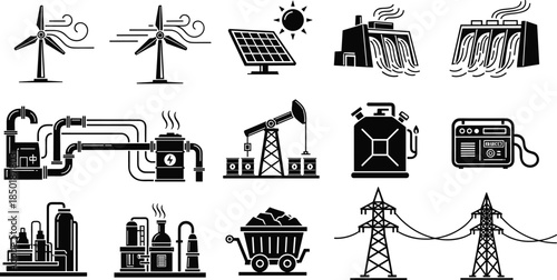 Energy production icons set showing renewable and fossil fuel power generation industry symbols isolated on white background