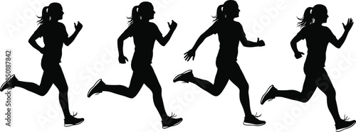 Female runner motion sequence silhouette showing dynamic sprinting exercise fitness training isolated on white background