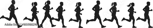 Male and female runners jogging motion sequence silhouettes showing endurance fitness training isolated on black background