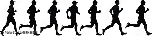 Male runner jogging motion sequence silhouette showing endurance training fitness activity isolated on white background