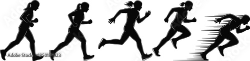Male runner sprinting motion sequence silhouettes showing speed endurance fitness training isolated on dark background