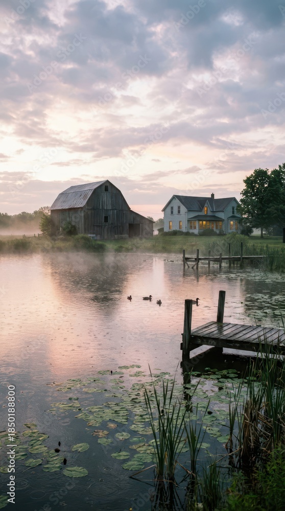 Fototapeta premium Serene Rural Landscape at Dawn with Barn and Reflection on Water