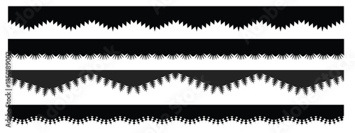 Scalloped edge seamless set. borders and dividers. Simple scalloped border. Repeat cute vintage frill ornament. Texture ribbons. Vector illustration isolated on white background.