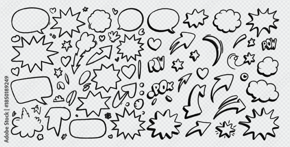 Obraz premium Question exclamation mark, underline and hearts, Star and Marker Brush, artistic lines and strokes. Collection of icons and signs Why. Hand drawn Doodle sketch. Abstract Chaotic grunge Elements.