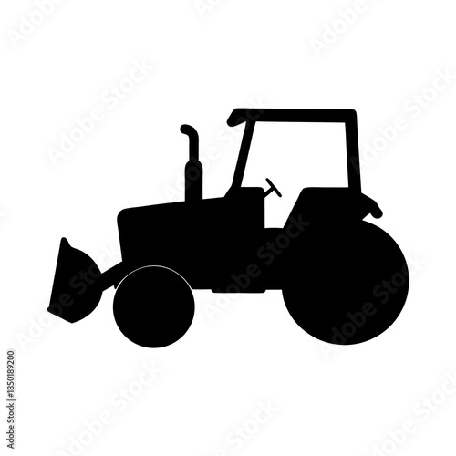 Silhouette of a vintage tractor with front end loader on white background