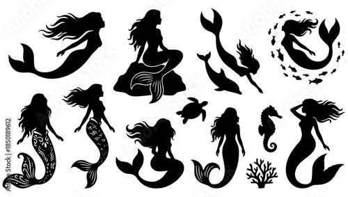 Mermaid Silhouette Vector Collection, mermaid silhouette, mermaid vector, mermaid collection, mermaid outline, fantasy sea creature, siren silhouette, mythical mermaid, ocean fantasy art, underwater, 