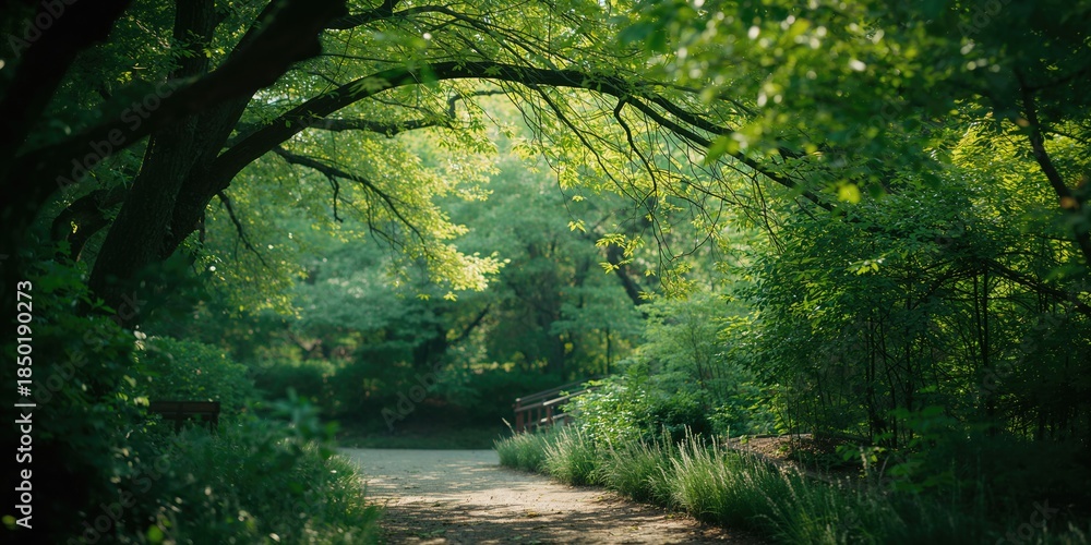 Obraz premium Lush green tree foliage creating a natural backdrop for editorial headers or informational panels, Earth Day