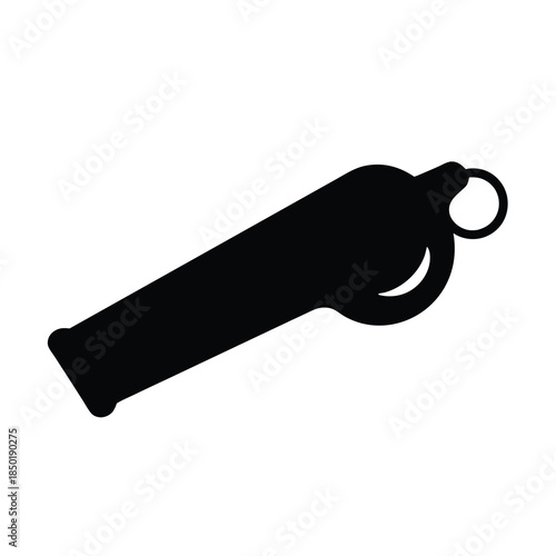 Whistle Silhouette Sports Referee Signal Icon- Black silhouette of a whistle symbolizing sports officiating, signaling, alerts, coaching, and sound warning concepts in a simple graphic style